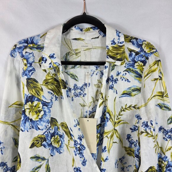 Joie Long Sleeve Linen Wrap Blouse Women's Size Large Ivory, Blue, Yellow Floral - Picture 5 of 12